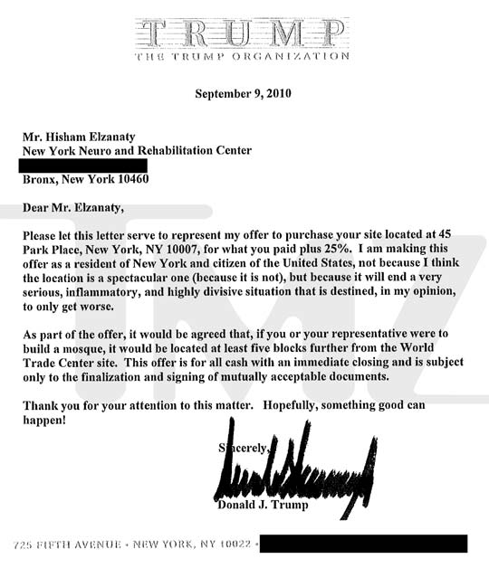 Trump Letter re Ground Zero Mosque
